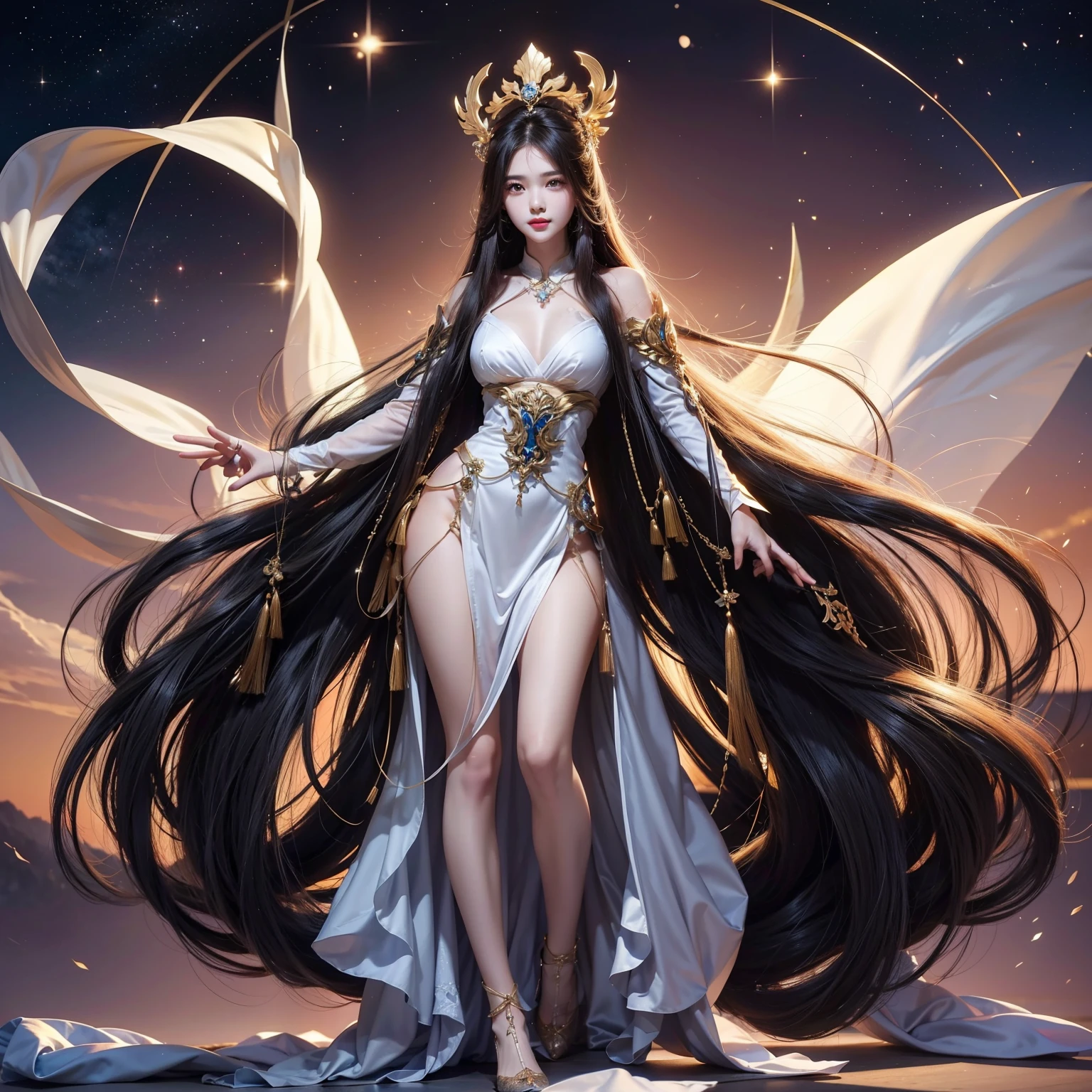 (full body shot:1.3),(((masterpiece))), (((best quality))), ((ultra-detailed)), (cinematic lighting), (illustration), (beautiful detailed eyes), (1Girl, Woman, Adult, round facial features:1.3), depth of field,(copper skin, elf:1.3), ((masterpiece, High quality, a high resolution,Detailed backstory, Detailed view, Good eyes, good anatomy)), (Thicc Hips), (dark hair, Wavy hair, long hair:1.5), water droplets, ((Fantasy Priest Costume, bare hands, Pearl accents, Greek clothes, Greek dress, Sandals), , Priest's Attire, (pointed ears:1.2), divine appearance, Shine, glowing eyes,(Olive eyes), Luminous water particles, ocean in the background, (goddess:1.4), (absurdity, a high resolution, ultra detailed),Finely detailed eyes and detailed face, Philosophical, Iconography, Divination by numbers, Popularity, art