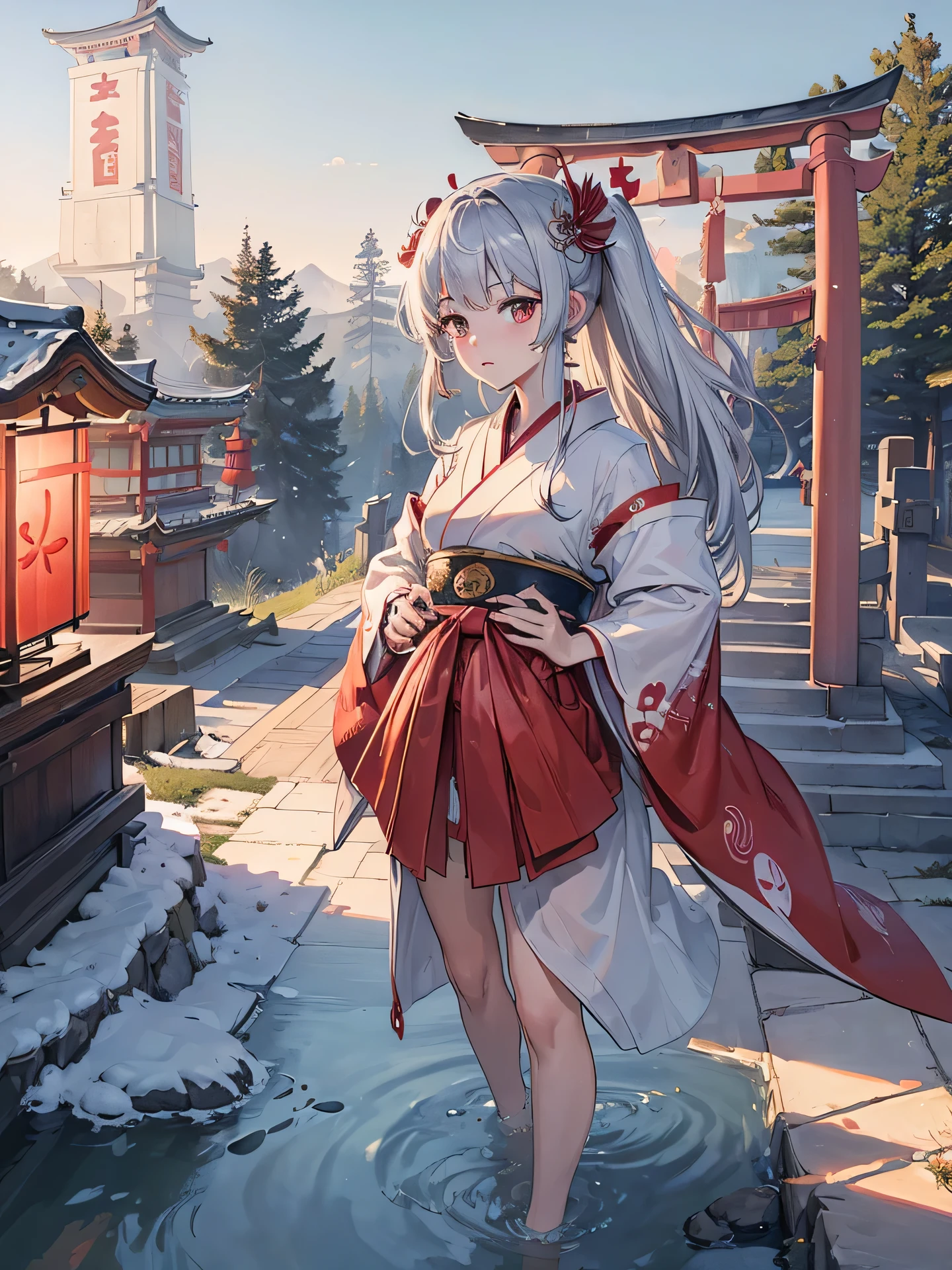 (( top quality、 high definition 、 High Definition CG Unity 8k Wallpaper )),shrine,((Shrine maiden&#39;s attire,open chest)),female 1 person, Full Finger , beautiful face, plump body 格,  Silver Hair,silver fox ears silver fox tail,(Big Breasts:1.5), perfect body, plump body ,  naughty anime style  ,  plus size model ,  sloppy body , erotic manga style body, The vibe of a married woman ,30 years old, kind smiles