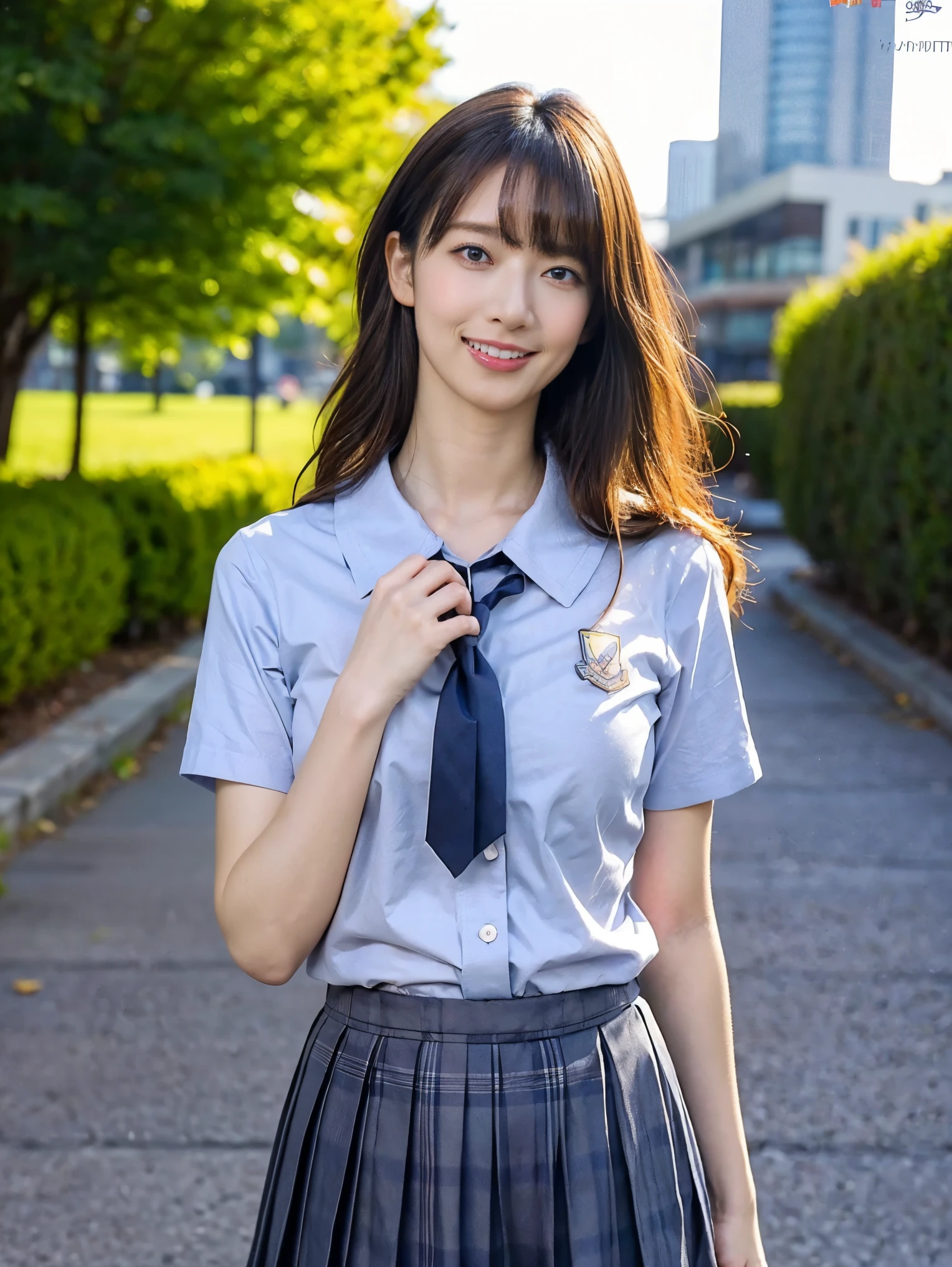 ( Masterpiece :1.3, top quality, ultra high resolution, super detailed), ( realistic :1.1, photo realistic :1.4), BEAUTIFUL ILLUSTRATION, Complete, colorful , depth of field, Beautiful Detailed Hair , beautiful detailed face , beautiful detailed eyes, beautiful collarbone , beautiful body, beautiful breasts, beautiful thighs, beautiful legs, Beautiful fingers , watch viewers, 1 girl, Japanese , high school girl with visible armpits, perfect face, ( perfect anatomy , anatomically accurate ), A pretty, symmetrical face, baby face, tan, shiny skin, ( dark brown hair with semi-long hair), asymmetrical bang , blue eyes, long lashes, ( medium chest ), slender, (( Short Sleeve Shirt with Collar , light blue shirt, school uniforms, gray plaid pleats Skirt , navy tie )), light blue panties , ( Beautiful Scenery ), evening , (Outdoor, Distant cityscape), 's full body is shown, standing, walker behind、 place your hands on your chest , (Beautiful smile, Above the eyes, open mouth),