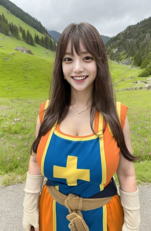   Masterpiece  ,  top quality, Landscape Photography, Blissful,  excited, Alone,  1 girl , cute, beautiful,   full body shot ,  closeup shot, DQ3 female monk , ( Orange Bodysuit ,  Priest  \(dq3\), Mithra, Tabard, elbow gloves), (Big Breasts:1.2, Huge and heavy breasts, H cup breasts,  side bust ),  holding a cane,  gentle expression, Long flowing hair,  black hair , amount,  split bangs , Fantasy Setting,  high definition,  vibrant colors,  perfect face,  perfect body, ultra detail and beautiful eyes, cute, cutesy, baby face, Whip Thighs ,  Mischievous Smile ,　Nogizaka Idol、Korean Idol、