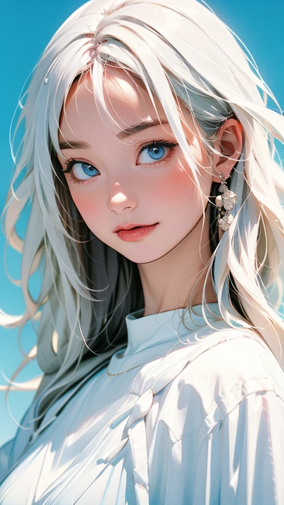 (masterpiece, best quality:1.2), 8k, 85mm, raw photo, absurdres, white and cyan theme, (liquid clothes, liquid dress:1.4), white hair, gradient dress, delicate girl, upper body, close up face, shiny skin, teen, looking at viewer, HDR, sharp focus, particle, twilight sky, detailed eyes and face, white hair, simple background