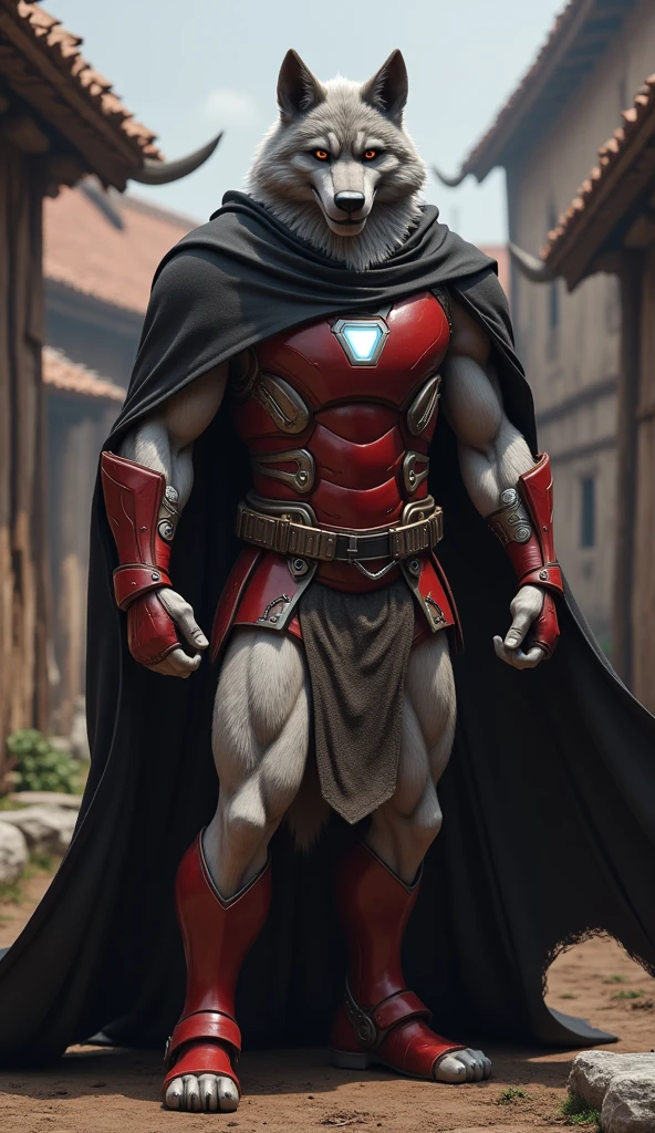 (source_furry,anthro,source_3D), death wolf wearing iron Man suit , (detailed fluffy fur, detailed fur texture:1.2), adult, male, solo, muscular, loincloth,  cape, detailed background, medieval village background, photorealistic, hyper realistic, ultra detailed, Ultra cinematic Realistic real life,