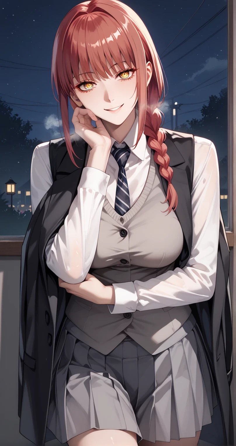  Makima, 1girl, solo, long hair, breasts, smile, bangs, large breasts,yellow eyes, braid, sidelocks, red hair, braided ponytail, ringed eyes, seductive smile, looking at viewer, shinny eyes, heavy breath, yandere, night, Obsession Gaze, ruanyi1014,black suit,grey skirt,grey vest,pleated skirt,striped necktie,clasp, whole body, Suit