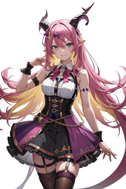 masterpiece, best quality, highres, aloe1, 1girl, solo, pointy ears, multicolored hair, asymmetrical horns, demon horns, hair ornament, blonde hair, chest harness, thighhighs, long hair, asymmetrical legwear, pink hair, sleeveless, bare shoulders, demon tail, thigh strap, wrist cuffs, green eyes, arm strap, skirt, horn bow, mismatched legwear, sleeveless horn ornament, bangs, headphones around neck, uneven legwear, hair between eyes,  cowboy shot, smile,