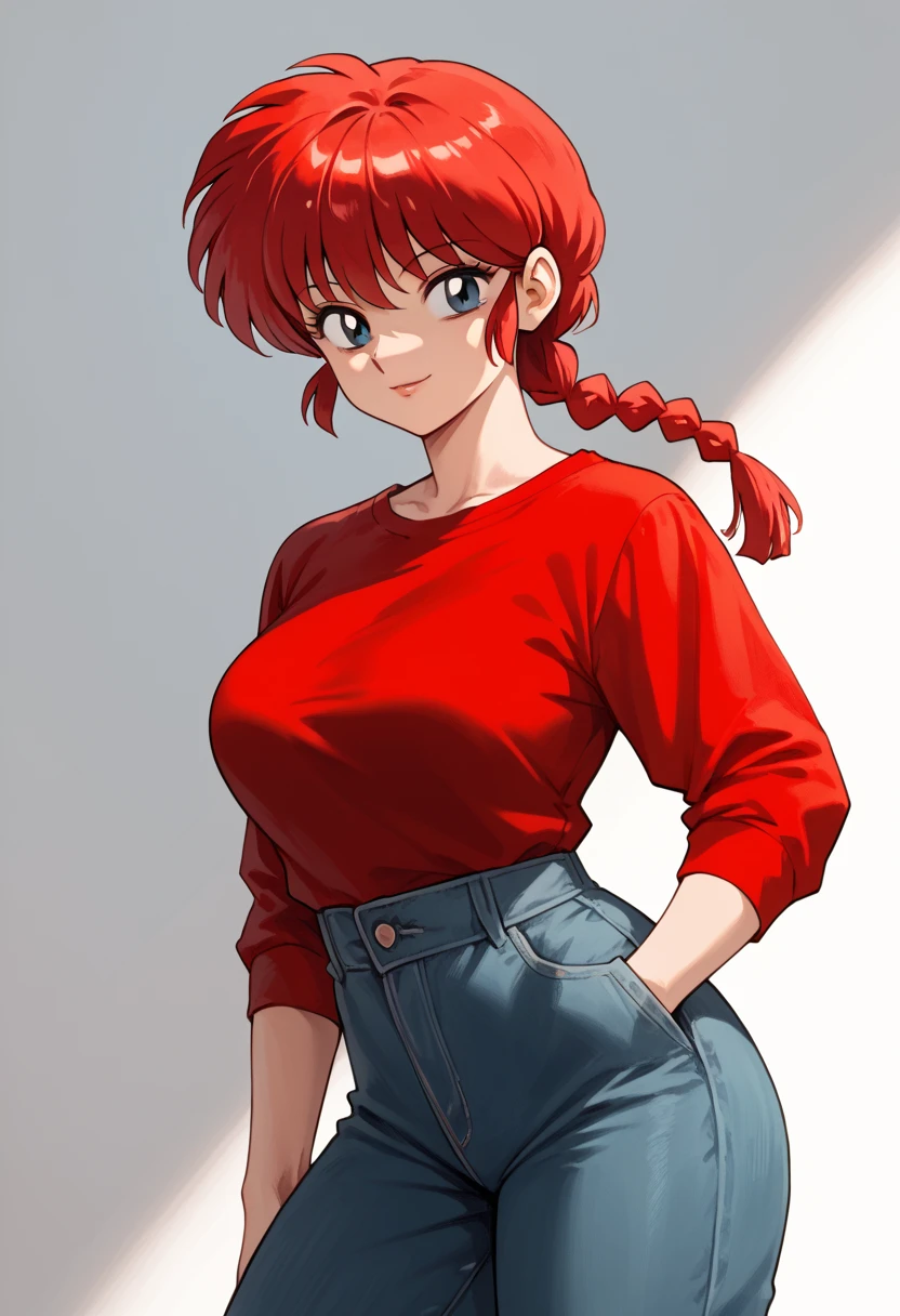 ranma-chan, score_9, score_8_up, score_7_up BREAK 1 girls, solo, 1 very sexy and beautiful pictures of women, red hair, single braid, (large breasts:1.2), dark blue eyes, (Red Shirt:1.2), long pants,  tangzhuang,  (animated painting:1.0), 1990s_(style), (smile:0.5), upper body, 
 
