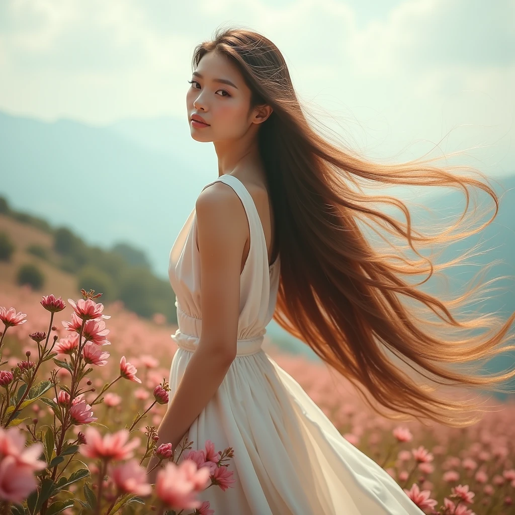 a female, hair blowing in the wind, walk in the flower garden, summer day, best quality, ultra-detailed, (photorealistic), an extremely delicate and beautiful, depth of field, film grain,