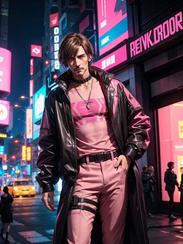 Tall man, slim and defined, fringe parted,  brown hair ,  dark eyes, pink clothes, cyberpunk style,  cyberpunk clothes,  High Definition, Image 8k, Cyberpunk accessories, sharpness on the face, moustache and chin 