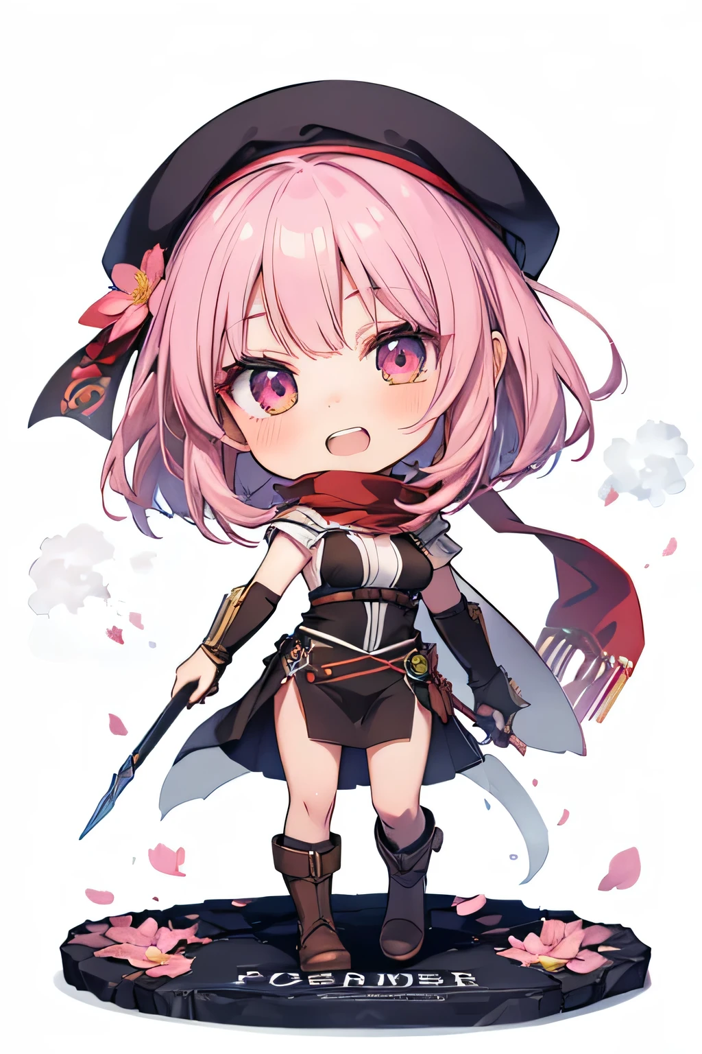 happy girl ( showing teeth), standing, combat pose,  pink hair color,  mmorpg background ,  mmorpg background (A stranger), complete anatomy,   graphic effects ,  ornament of an accessory shaped like a flower on her head, aura, white beret, Katar weapon , red scarf, Ojos rojos, height 159 cm  ( 5 feet 3 inches ),  summoning circle,  castea skill Sonic Blow( ragnarok online ), Blue Fire Force +vapor,  fire around, strong breeze ,  sakura petals and leaves, primera persona, blush, looking at the viewer, Charm, Pausa de toque ciego looking at the viewer,  anime style very detailed face, 8K, light and shadow effect.  masterpiece,  The best quality , fullbody, Chibi, , (change:1.2), Nendoroide, PVC models 