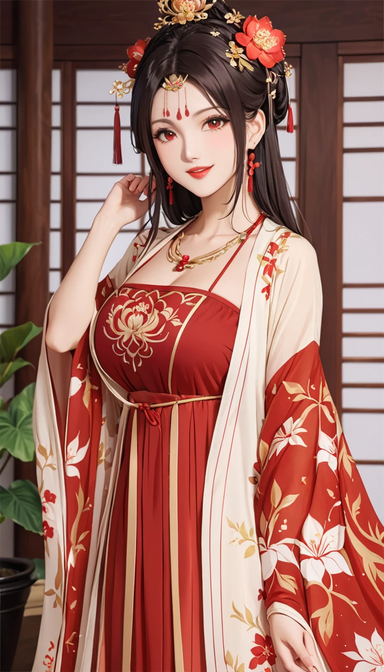  top quality,  Masterpiece  ,  very delicate and beautiful, CG, very detailed,  high definition ,  very detailed,  depth of field,  1 girl ,  beautiful detailed girls, Brown-black long hair ,  Up Hair,  beautifully detailed red eyes , (compensate:1.2),  red lips, light on face, ( has an enchanting smile:1.2), Big Breasts,  clevis, (thigh), Daishuyama , Daishuyama  style, indoor, botanical decoration , ( cowboy shot:1.5)