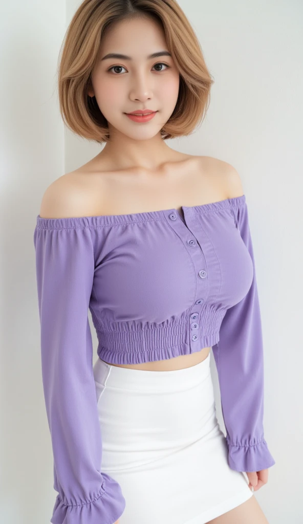 best quality,highly detailed,masterpiece,ultra-detailed,(realistic:1.2), 1girl,(white background),simple background,Delicate eyes, short hair, silver hair, purple eyes,hair_ornament,(white off-shoulder shirt:1.3),long hair,pointy_ears,crown_braid,expressionless,Straight hair,(++sitting:1.2), large breasts, (realisctic,ultra detalide,full body,ultra wide,full tatto, long with dress)