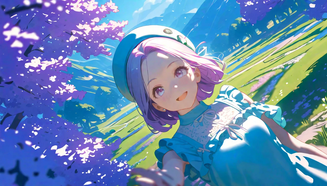 (Masterpiece:0.9), best quality, (illustration, very aesthetic:0.95), (ultra detailed), intricate details, solo, 1 girl, dutch angle, prim person pause, Kawaii angle, detailed face, :D, (beret, Cute Fashion:1.05), Flutter sweater, Spring outdoors, Cherry blossoms in full bloom, (cinematic lighting, raytracing), absurd, [(white background:1.2)::0.2], (Spring landscape background:1.2), 