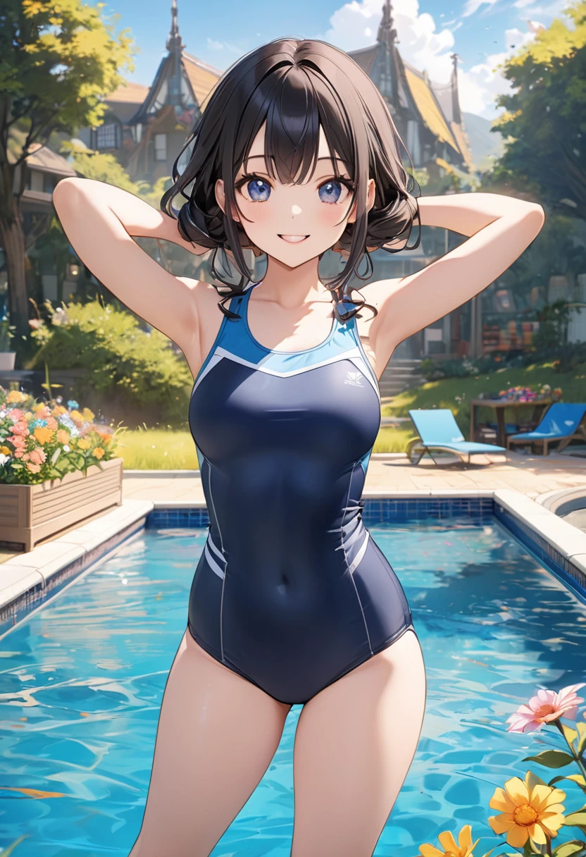 (masutepiece:1.2), (Best Quality:1.1), (hyper detailed illustration),(beautiful artwork), ager girl,(School swim wear), 1girl, (School Swimsuit:1.3), onepiece swimsuit, Outdoors, Long hair, Wet, Covered navel, Water, Black hair, (Big smile), Brown eyes, day, Small bust, Bangs, (Wet:1.1),(Water splash:1.1),Facing,(straggling hair),Ponytail,The swimsuit is wet,(Lens Flare),(Tsurime),(Sweat),(Bokeh:1.2),(brown eyes),cowboy shot,(evil smile),(NAVY BLUE school-swimsuit:1.3),sandy beach,(contrapposto),arched body,,navy-blue school-swimwear,brown eyes,black hair,(smile),