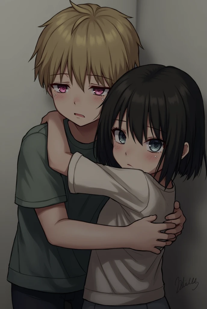 Dark blonde boy yelling at black haired and white girl , sitting on the floor crying scared