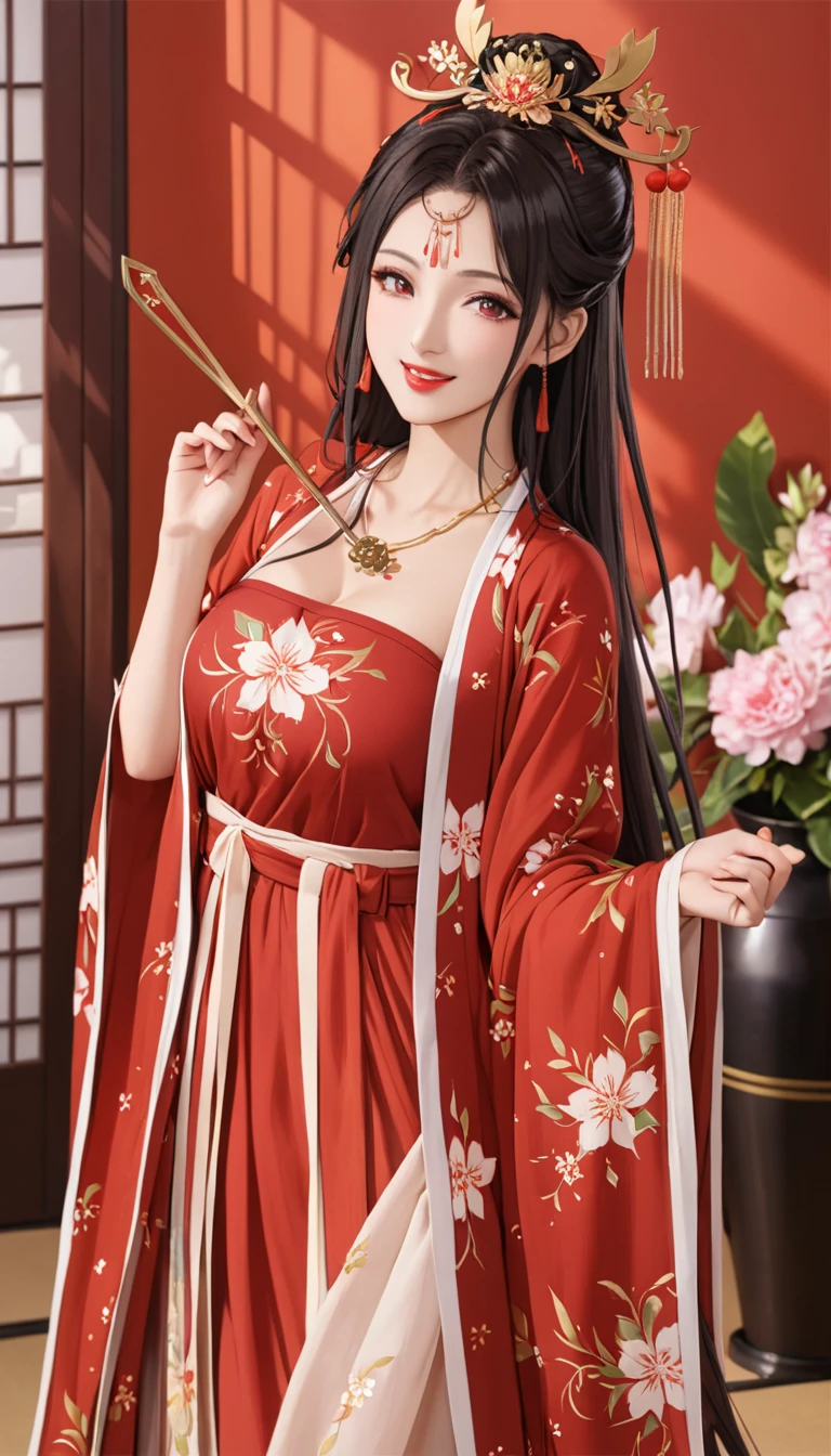  top quality,  Masterpiece  ,  very delicate and beautiful, CG, very detailed,  high definition ,  very detailed,  depth of field,  1 girl ,  beautiful detailed girls, Brown-black long hair ,  Up Hair,  beautifully detailed red eyes , (compensate:1.2),  red lips, light on face, ( has an enchanting smile:1.2), Big Breasts,  clevis, (thigh), Daishuyama , Daishuyama  style, indoor, botanical decoration , ( cowboy shot:1.5)