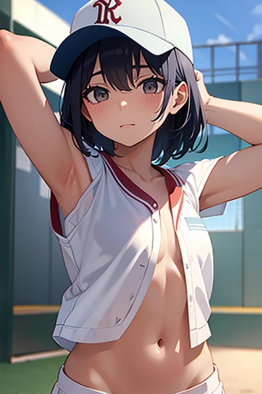Naked with a baseball cap,Smile,Short Hair,NSFW,Sweaty all over,,8years,Double teeth,blush,Ground