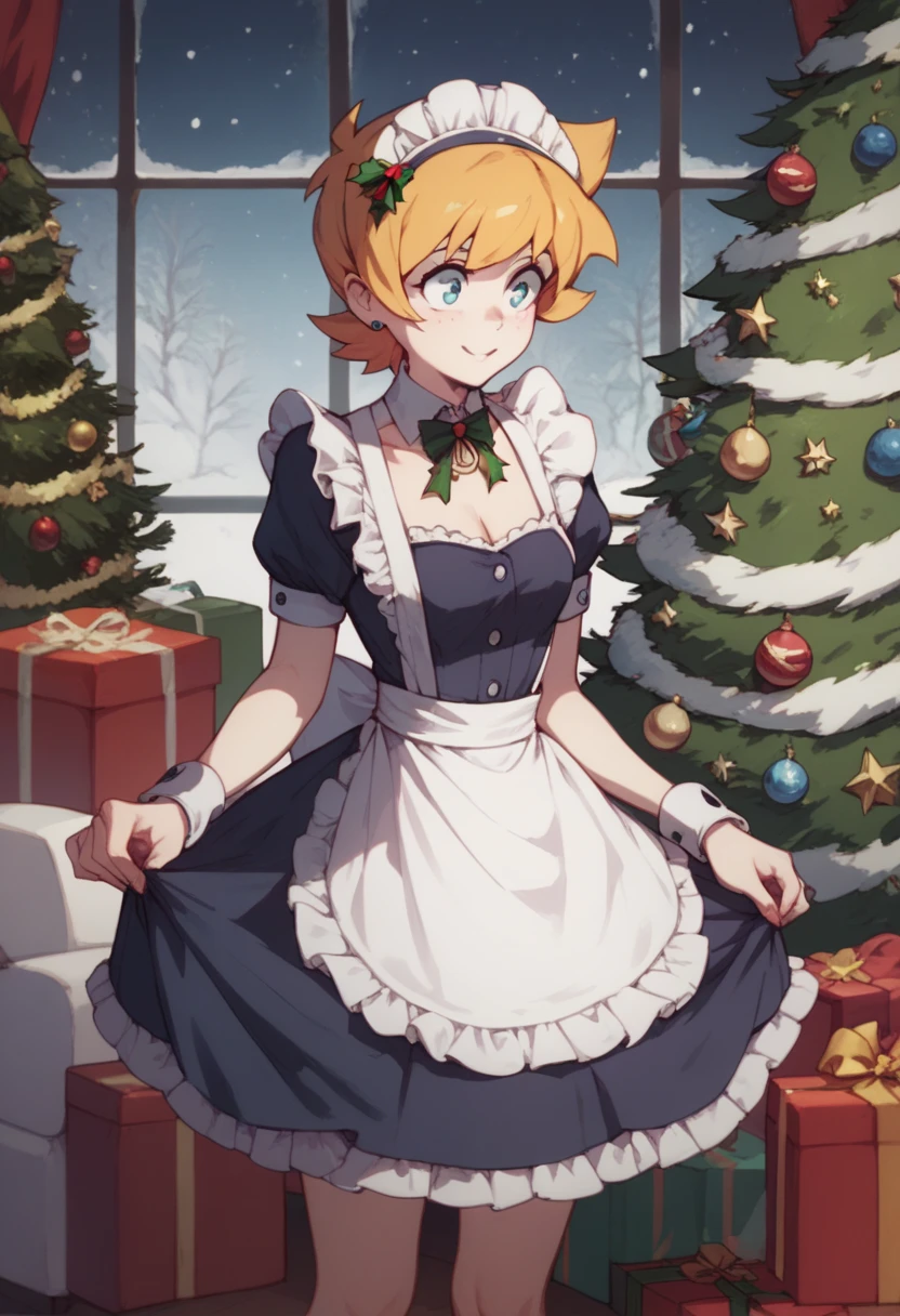 Lotte Jason,Setting up the Christmas tree,and dressed as a maid 