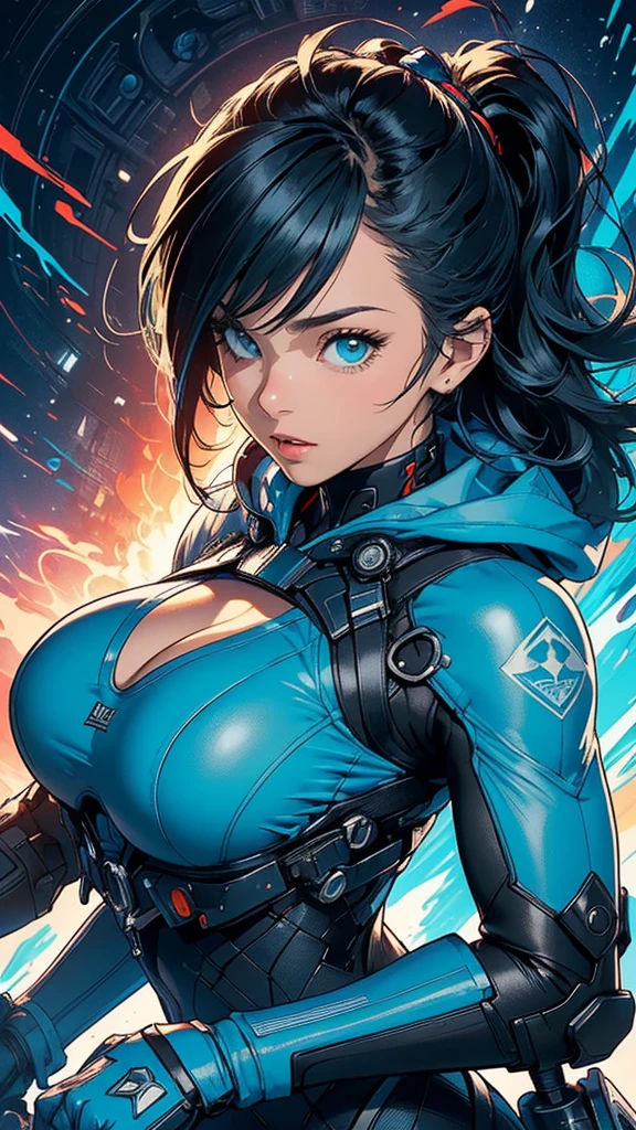 ((Best quality)), ((masterpiece)), (detailed: 1.4), Absurd, Korean female fighter pilot ready for war, muscular body defined, half-thick bare thighs, mouth closed, only in panties, muscular body parts covered by traditional Korean but technological clothing, tiara with horns ((medium breasts)) perfect, generous neckline, ((Blue outfit with a red and blue yin-yang)), Korea, pastel,  black and colored mohawk hair straight straight very short and heavy bangs covering the whole forehead, a robotic arm, oriental eyes pulled, short underwear, garter belt, by mucha, niji --V5, close to real, best quality, almost naked, psychopath, crazy face, sexy pose, 2 piece clothes, lightning drawings on the arms, cyberpunk, airplane wings on the back,  Eastern flame shoulder pad, Blue clothing, Red white, Korea symbol, Pointed shoulder pads, Pulled black eyes without pupils, HDR (High Dynamic Range),Ray Tracing,NVIDIA RTX,Super-Resolution,Unreal 5,Subsurface dispersion, PBR texture, Post-processing, Anisotropic filtering, Depth of field, Maximum clarity and sharpness, Multilayer textures, Albedo and specular maps, Surface shading, Accurate simulation of light-material interaction,  Perfect Proportions, Octane Render, Two-Tone Lighting, Wide Aperture, Low ISO, White Balance, Rule of Thirds, 8K