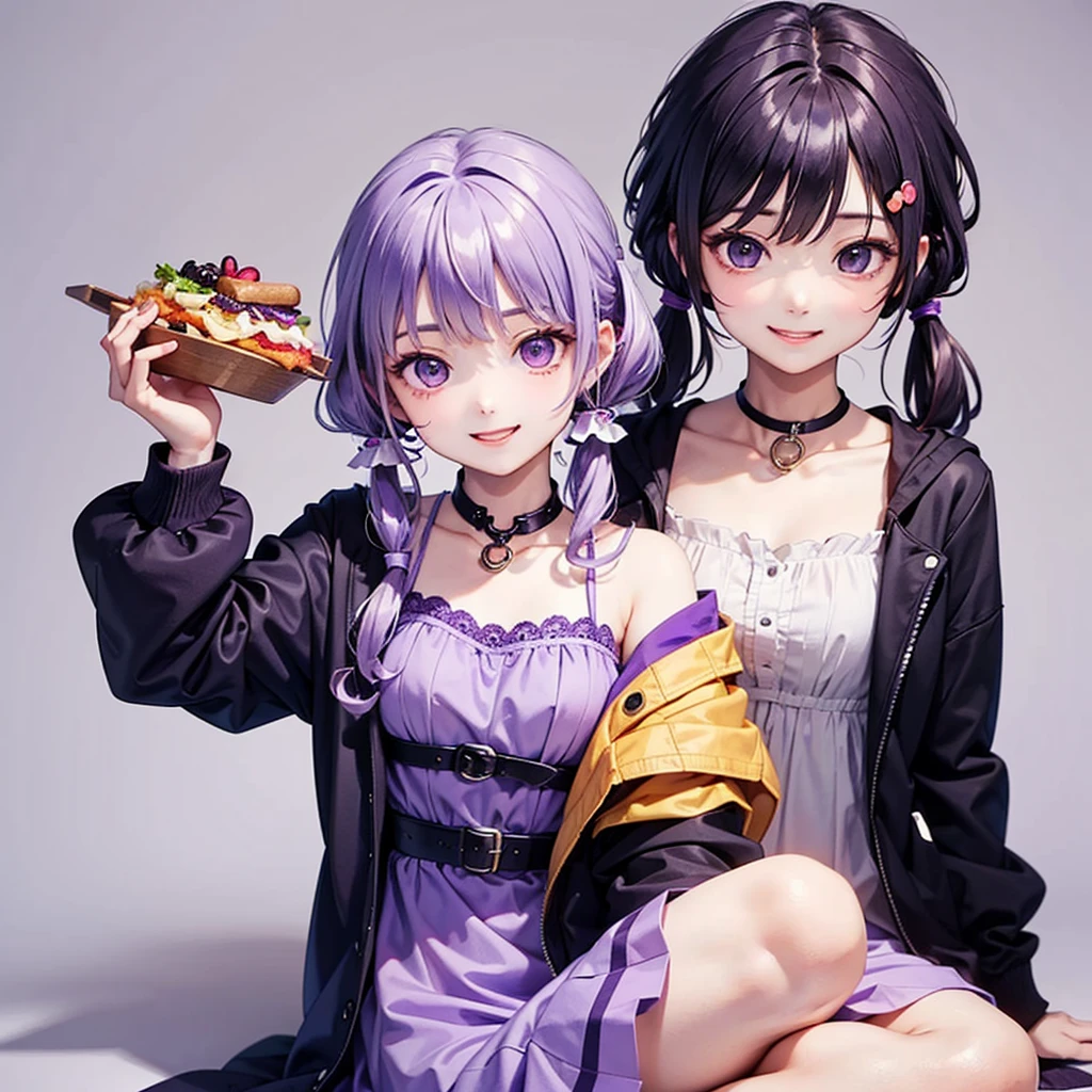 masterpiece、 top quality、 Yuitsuki Yukari 、1 Girl、Purple Hair、 long hair、 long hairを持つ短い髪、 twin tails、Food、 hair ornament、 headset 、 purple eyes、 jacket、 dress、Below Purple Knees 、Gray background、smile、