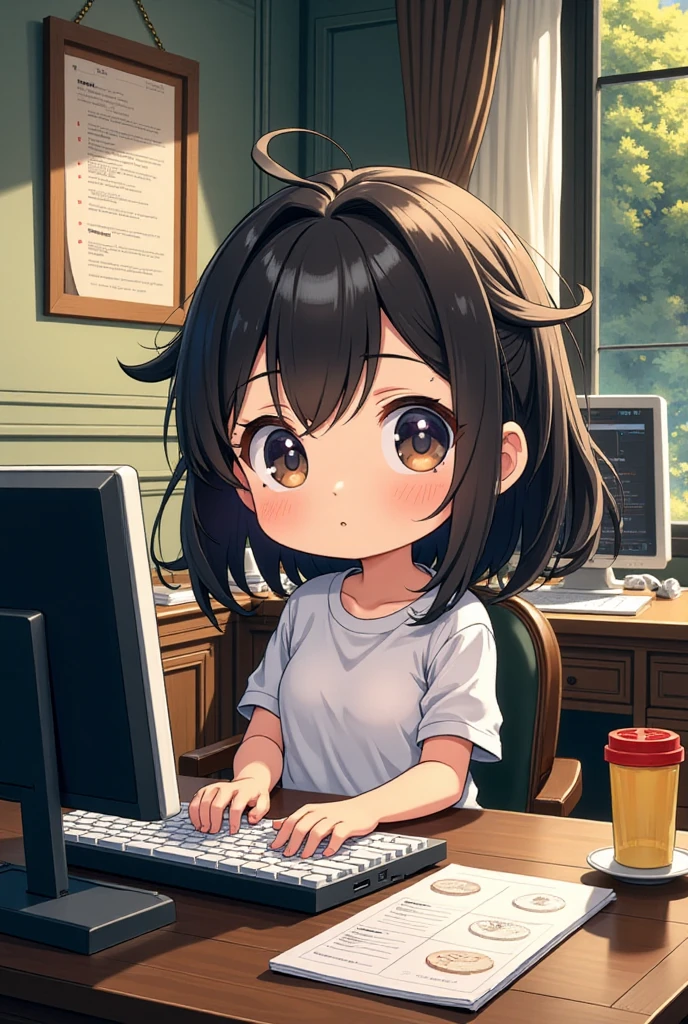 Cute illustration style, one girl, chibi, T-shirt under her breasts, computer work, she whispers "many stamina...", breaking, dreamy hotel room