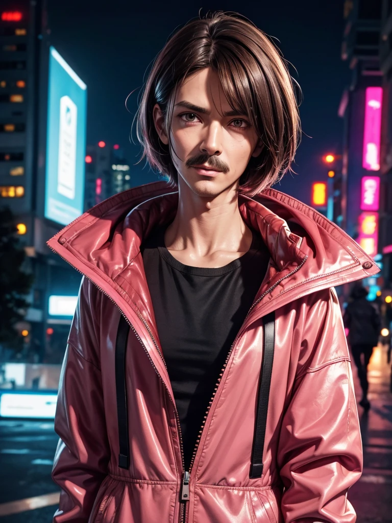 Tall man, slim and defined, fringe parted,  brown hair ,  dark eyes, pink clothes, cyberpunk style,  cyberpunk clothes,  High Definition, Image 8k, Cyberpunk accessories, sharpness on the face, moustache and chin ,  short hair