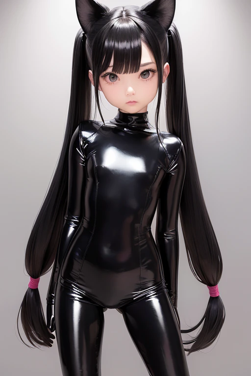  greatest masterpiece， High Quality 、 plastican00d、Realistic Light、 spotlight from above 、  perfect anatomy  、***e young girl、((black latex suit ))、Light-reflecting latex、  Fishnet Tights  、 Garter Belts 、biceps、doll、Chibi:1.3、 plastic、（  short twin tails）、grassland、 black hair 、Cat&#39;s Mouth、Droopy eyes， sarcasm ，