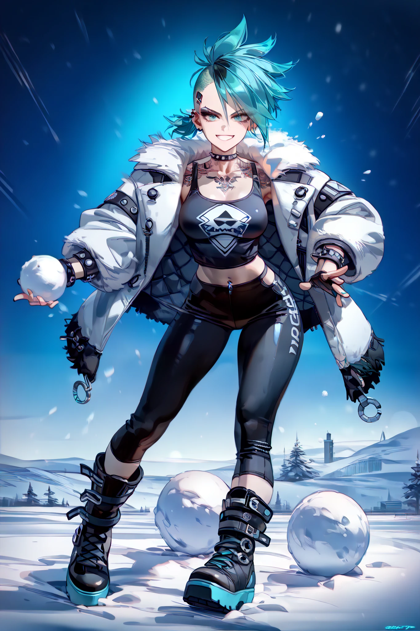 (masterpiece, best quality), (score_9,score_8_up,score_7_up), (highly-detailed), RAR, 
(1girl), 19 years old, medium breasts, thin face features, medium height, (nice body), medium breasts, (aqua short hair:1.3), (short goth-punk hair:1.4), (short goth-style ponytail), (bright aqua eyes ), ((black techno-tattoos all over body)), (cool black fur coat, cool black top, tight black pants), industrial black boots, (mischievous, confident smile, cool), joyful, arm extended, (throwing snowball), (snowball flying towards viewer:1.4), snowball fight, speed lines, snow particle effects, raytracing, 8k, ultra high definition, (subtle depth of field:0.25), (subtle bloom:0.5), soft lights, rich vivid colors, full body, expressive, 