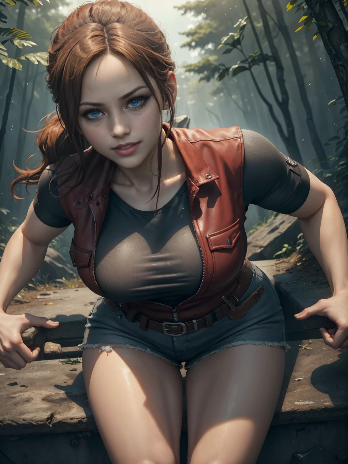 (masterpiece, 8k, 4k, extremely detailed, stylized lighting and shading:1.4) <lora:more_details:0.8> muscular female, sexy lumberjack, short jean cutoffs with suspenders, log cabin in the forest