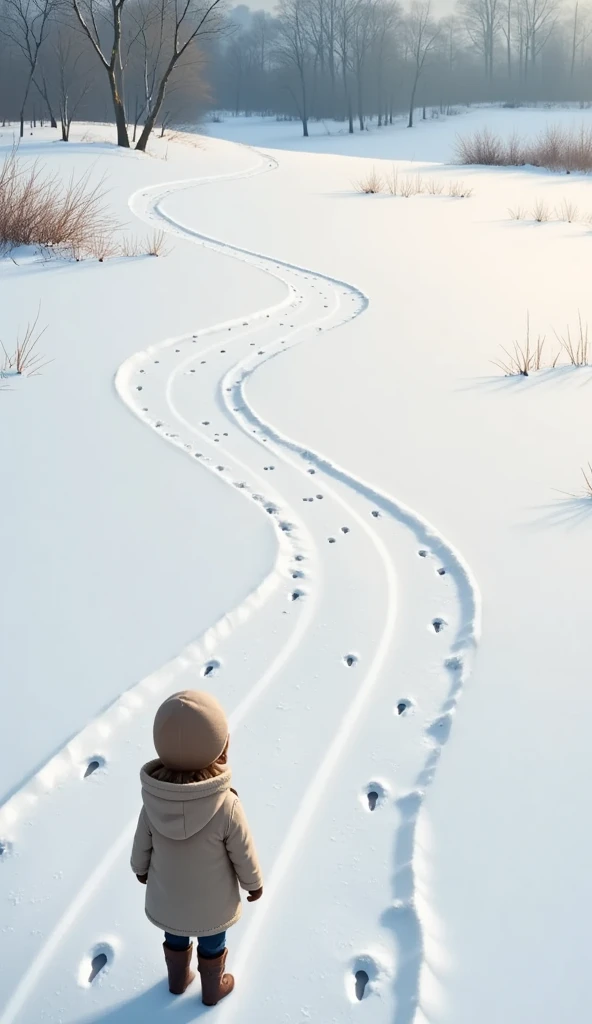  snowy fields 、Footpath、Fox footprints 、 girl or look at footprints