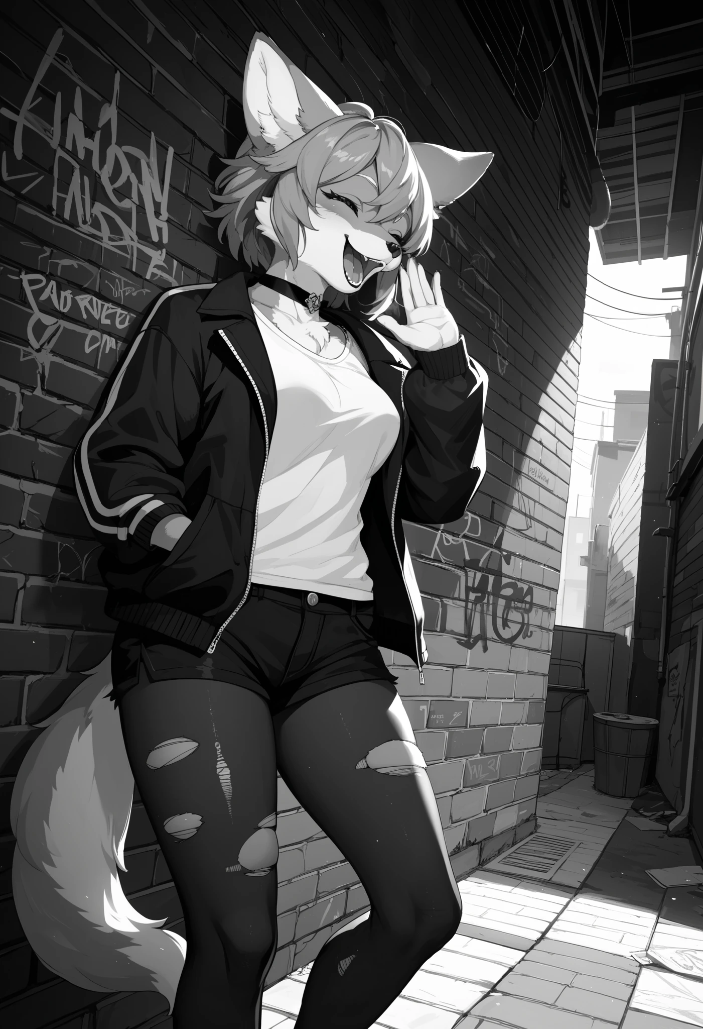 cover page, highres, top quality, best quality, paid reward available, unparalleled masterpiece, perfect artwork, absurdres, High-quality illustrations, laughing, perfect anatomy, lineart, monochrome, 1girl, kemono, furry, anthro, choker, shirt, torn legwear, open jacket, against wall, brick wall, graffiti, dim lighting, alley, dynamic angle,