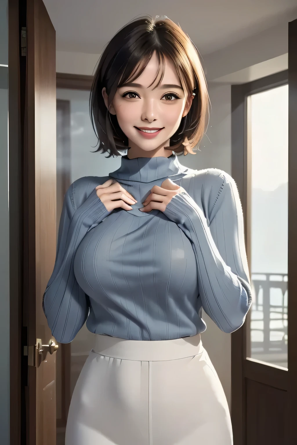 /( Modern Home Decor That Will Pull Your Chest Left and Right/),  one woman,  mature, /(blue ribbed sweater/), kind,  blushing smile when entering the water, ( best quality masterpiece :1.2), 8k,  realistic ,  delicate illustration ,  very detailed, ( Big Breasts ), ((sweat,vapor)), In front of the entrance, access, (( cowboy shot))