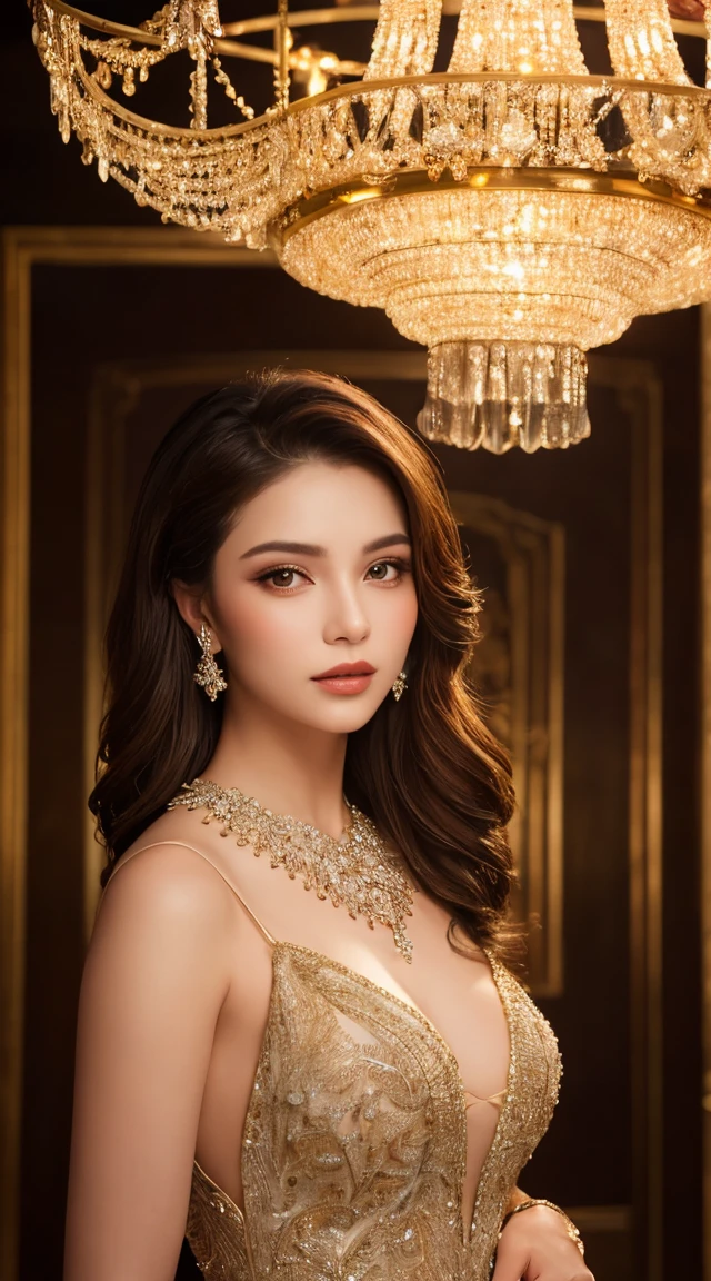 A breathtaking woman, in golden sexy dress, crafted from glass and embellished with an array of tiny diamonds and crystals, each refracting light in a dazzling spectacle. The features intricate silver stripes running down the back, showcasing her regal posture. With long, brown hair, she poses with soft smile for a series of photographs, her intense gaze locked onto the viewer. The background, a pristine expanse of fair light, serves as a stark contrast, full body shot
