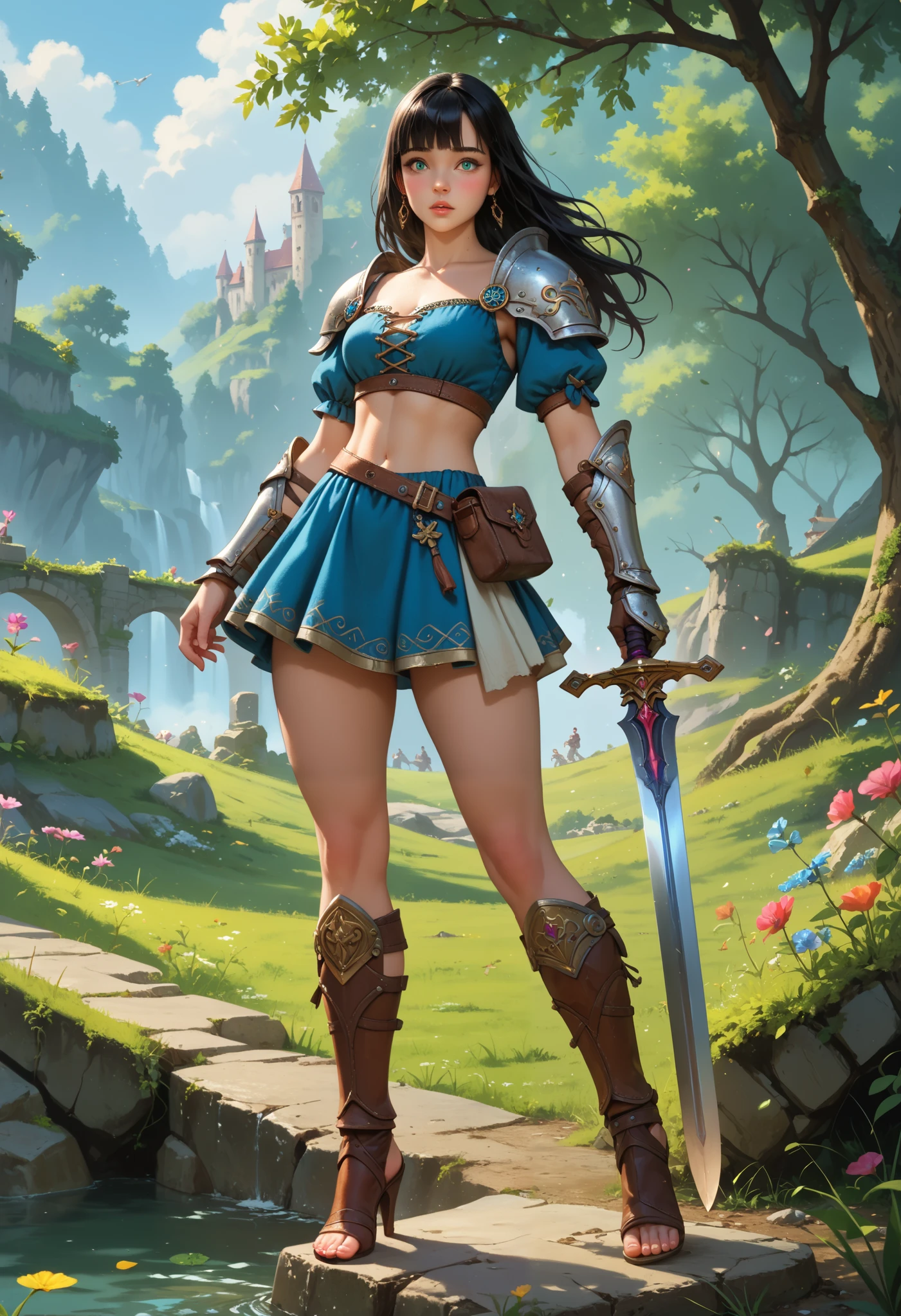 Song Eu-na is a youthful 18 yo female adventurer in a world of medieval high-fantasy story. Her job is warrior. Rocking that luscious long jet-black hair with blunt bangs and deep emerald eyes, she's also sporting a 90-62-100 B-W-H size. Her model long legs with thick thighs are to die for, both literally and figuratively. Her beauty is an epitome of natural, beauty. Her choice of armor are light and a bit revealing, western fantasy-style chest plate, mini skirt, gauntlets, heeled gladiator greaves. Sword. High fantasy-like, character for jrpg, masterpiece, best quality,