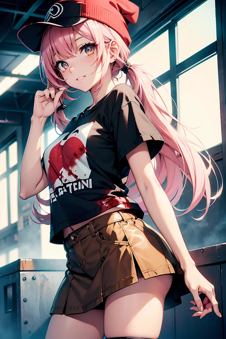 Girl wearing holographic costume shirt with red heart print and white skirt in the cyberpunk city hide her hands in pockets
