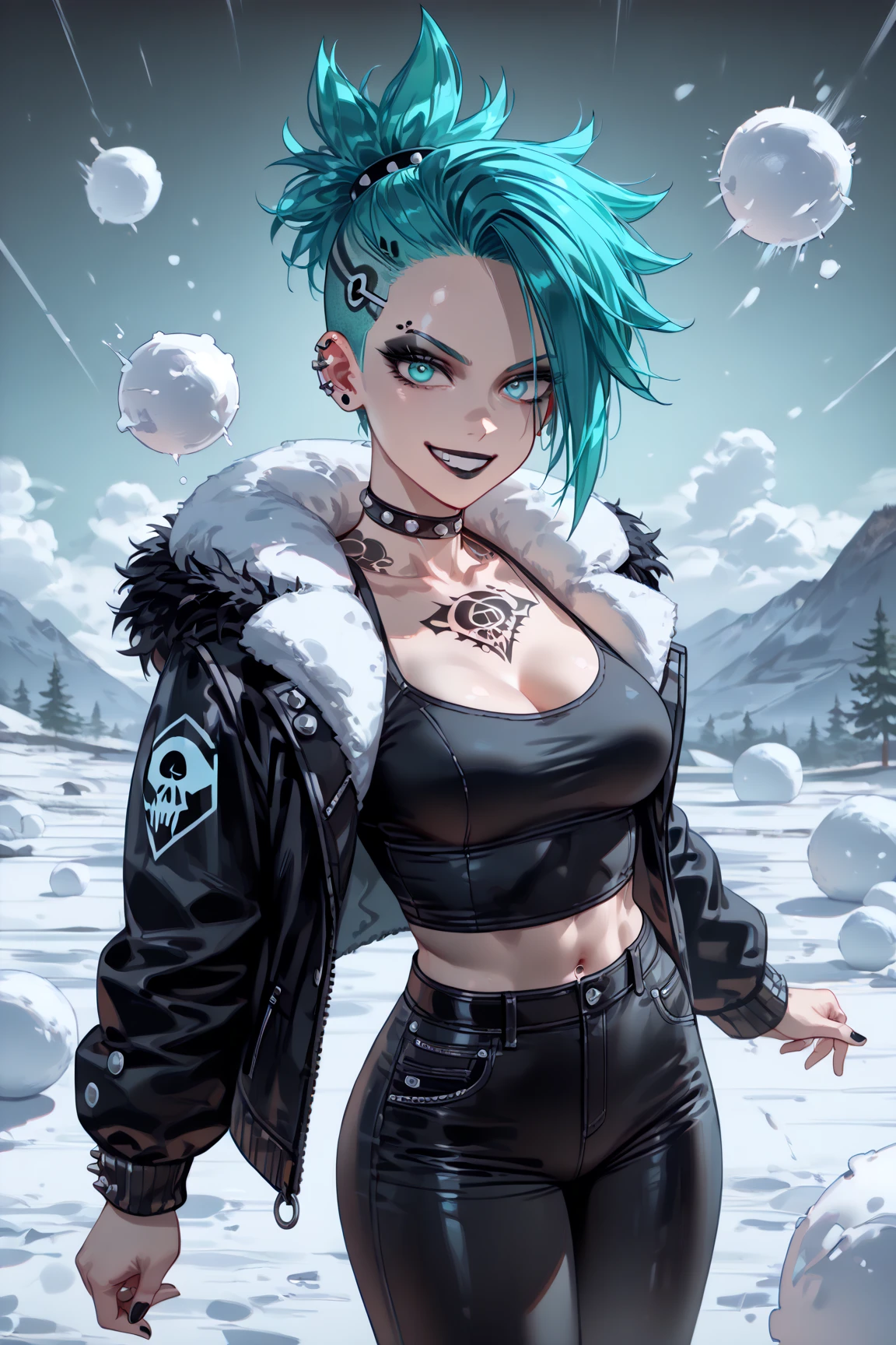 (masterpiece, best quality), (score_9,score_8_up,score_7_up), (highly-detailed), RAR, 
(1girl), 19 years old, medium breasts, thin face features, medium height, (nice body), medium breasts, (aqua short hair:1.3), (short goth-punk hair:1.4), (short goth-style ponytail), (bright aqua eyes ), ((black techno-tattoos all over body)), (cool black fur coat, cool black top, tight black pants), industrial black boots, (mischievous, confident smile, cool), joyful, arm extended towards viewer, (throwing snowball), (snowball flying towards viewer:1.4), snowball fight, speed lines, snow particle effects, 