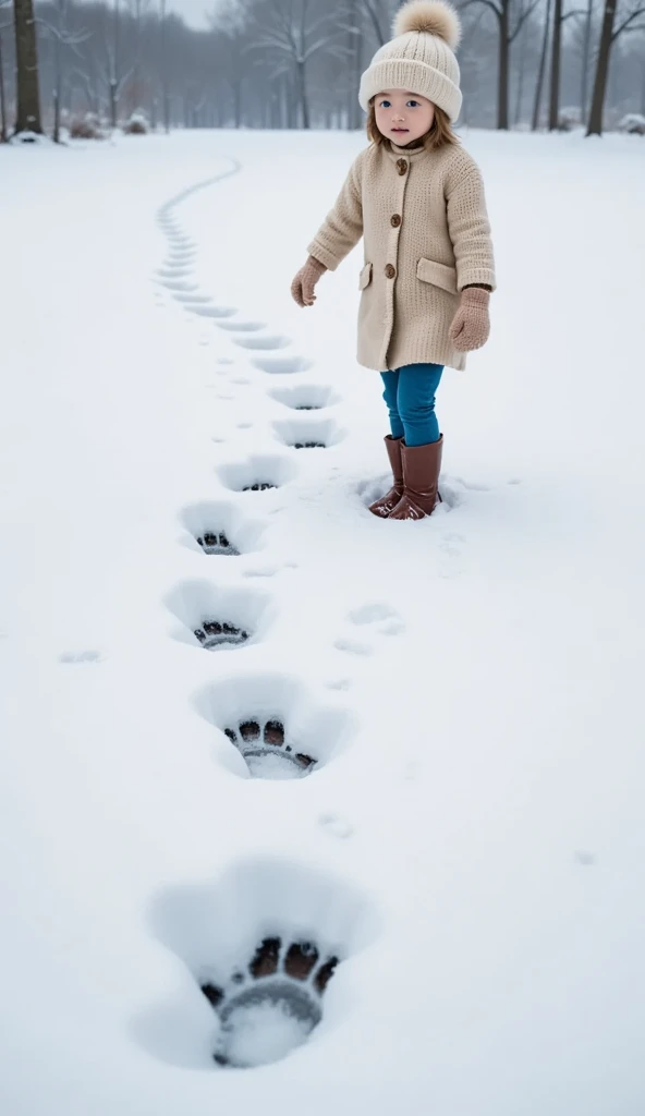  Realistic Pictures、 RAW photos 、 snowy fields 、Footpath、(((Fox footprints 、非常に正確なFox footprints :1.37)))、 girl or look at footprints、 cute girl、Knitted hat、gloves