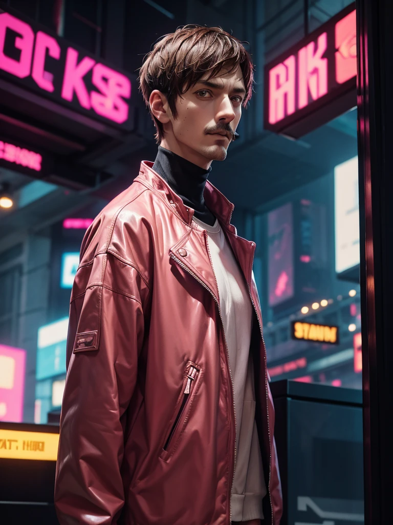 Tall man, slim and defined, fringe parted,  brown hair ,  dark eyes, pink clothes, cyberpunk style,  cyberpunk clothes,  High Definition, Image 8k, Cyberpunk accessories, sharpness on the face, moustache and chin ,  short hair,  full body 