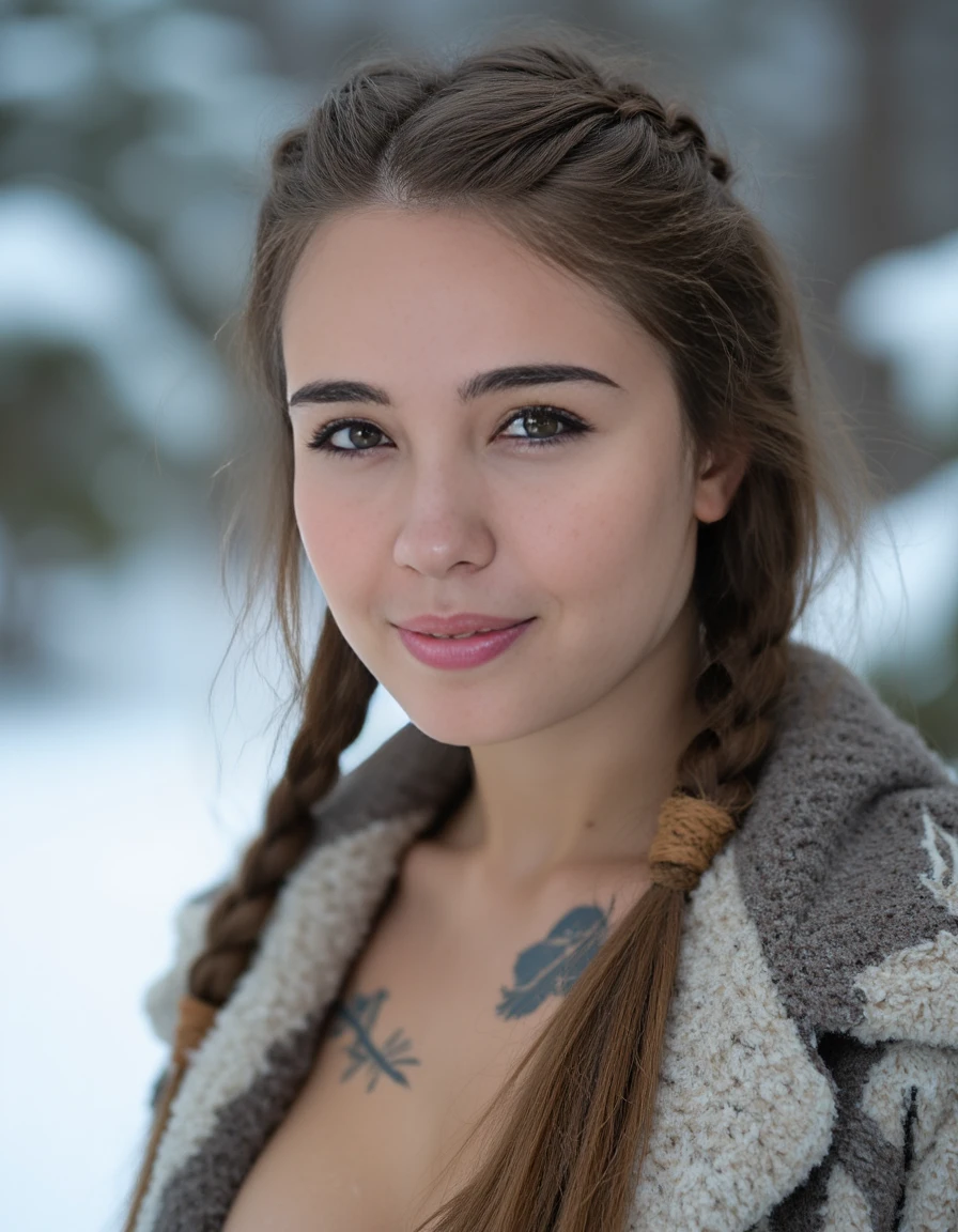 nsfw, fantasy, shaman wearing animal pelts, fair skin, braided blonde hair, bold, open mouth, furrowed brow, dynamic pose, jacket, shirt, belt, fur, leather, forest, winter, snow, from above, stunning intricate photo, dynamic pose, nocturne dreamy serene atmosphere, flickering light, photorealistic, epic realistic, soft cinematic light, warm lights, dramatic light, depth of field, faded, low saturation, muted colors, complex background, hyperdetailed, hyperrealism, (skin texture:1.2), sharp focus on eyes. film grain