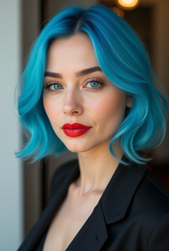 european woman with blue hair, classic bob hair, blue eyes and red lipstick, candid portrait take with kodak portra 400 film