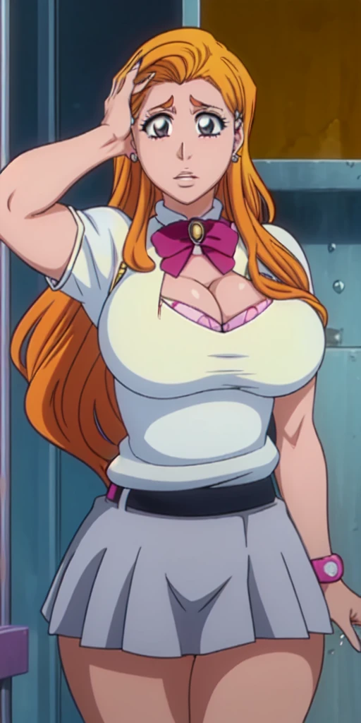 Orihime Inoue,Bleach artstyle,Big breast,Enchanted big breast,Thick lips,((((White shirt school uniform)))),Cleavage,((((short gray skirt))))Curvy figure,Plump,Hoopa bracelet,Long nail,Side burn visible,look at viewer,(((bright yellow blond color hair))),((head facing front)),High quality,Highres,Humongous big breast,visible ear,Big cleavage,light blush,((blue Stud earring)),((A lot of piercing)),((black Chocker)),Hyper Detail,((dark colored Skin)),((tanned Gyaru)),Crossing arm,Messy hair,Detailed lips,Colorless lips,unbuttoned plain white shirt,cleavage,mono color hair,((long wavy curly hair)),((leopard print bra)),Solo,1girl,light blush,(((slicked back hair))),flirty,Enchanted big breast,((Side swept hair)),ease eyebrow,Detailed eyes,Swaying hips,no sweat,ribbonless,calm expression,bored expression,Ease up eyebrow,Flirty attitude,Acting cute,smug Smile,hand in hip