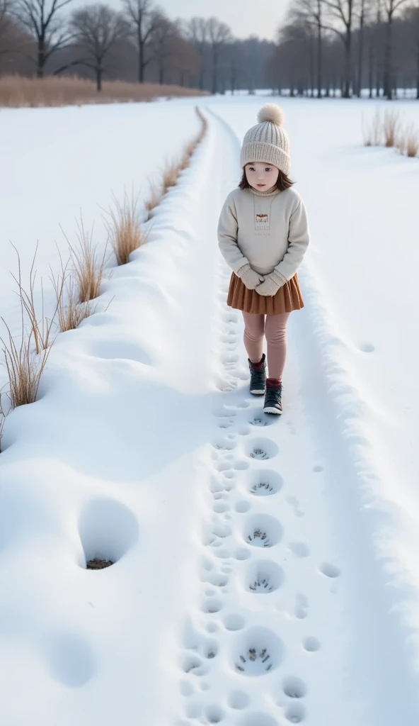  snowy fields 、Footpath、(((Fox footprints 、非常に正確なFox footprints :1.37)))、 girl or look at footprints、 cute girl、Knitted hat、gloves