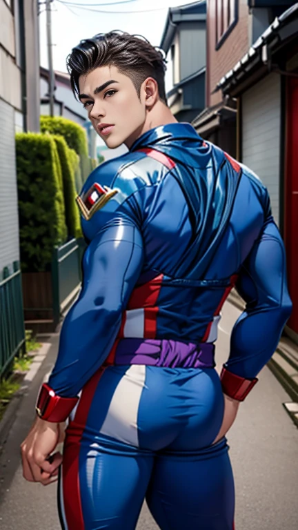 (  top quality ), ,Back Alley,  Japanese with a cool and handsome face ,Beautiful young 18 years old , Handsome guy with a sexy body, shiny power rangers suit,  bulging crotch 、Having an erection,  sensual vibe 