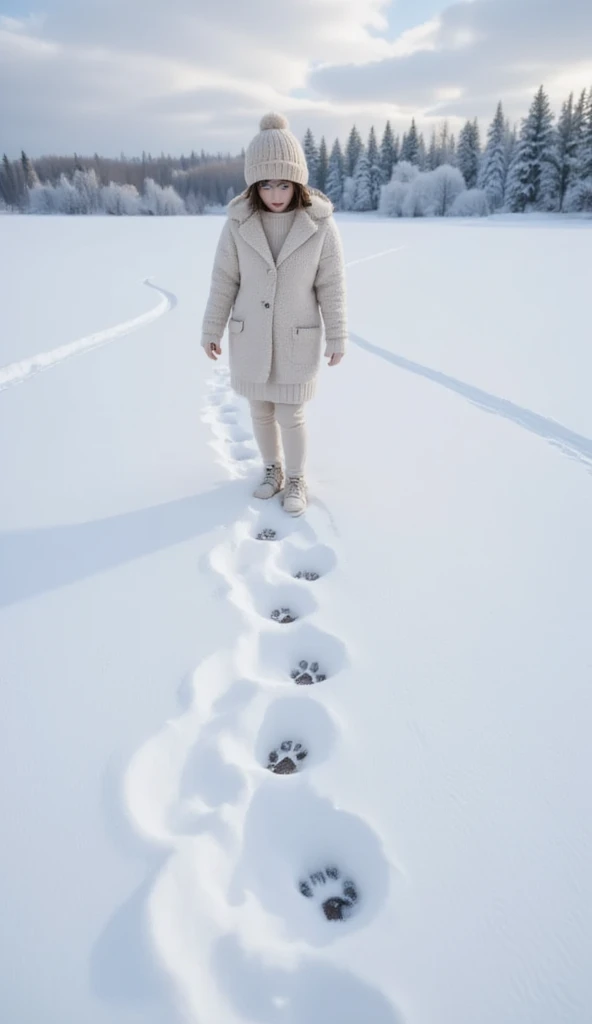  Realistic Pictures、 RAW photos 、 snowy fields 、Footpath、(((Fox footprints 、非常に正確なFox footprints :1.37)))、 girl or look at footprints、 cute girl、Knitted hat、gloves