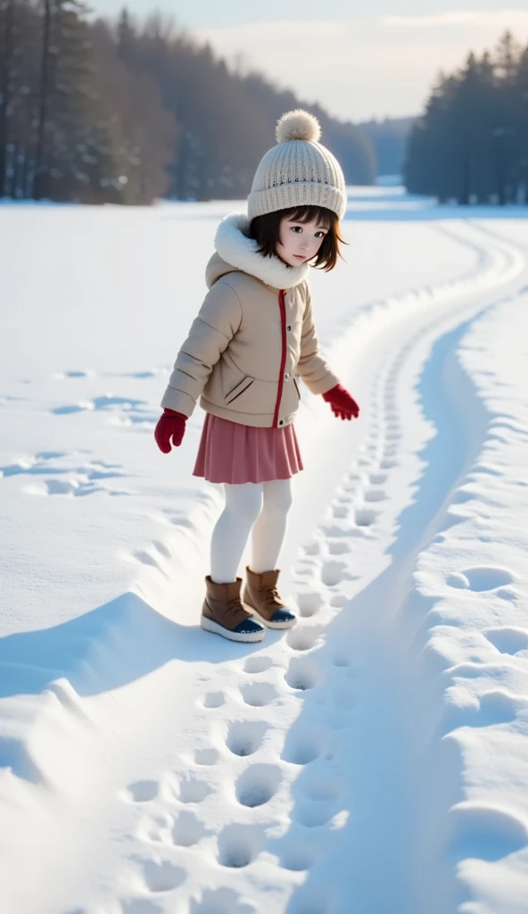  snowy fields 、Footpath、(((Fox footprints 、非常に正確なFox footprints :1.37)))、 girl or look at footprints、 cute girl、Knitted hat、gloves