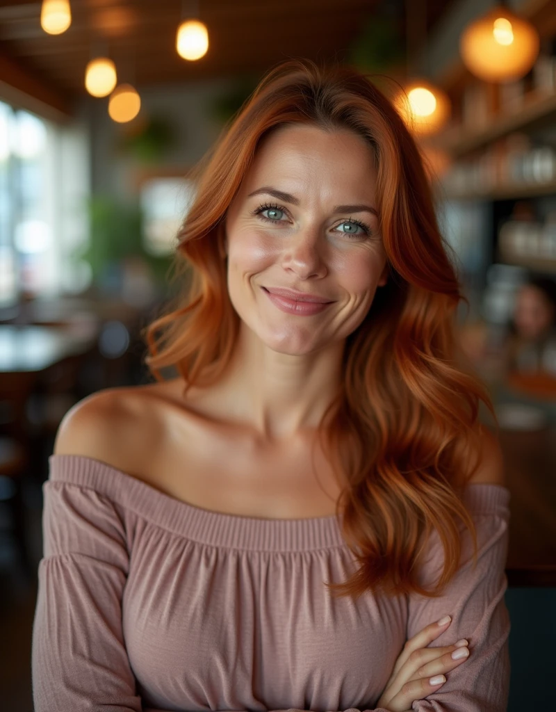 beautiful detailed photograph, a 45 year old gorgeous milf  red- brown hair cascading over her shoulders, wearing a boatneck  dress, standing in a cafe, smile very huge breasts. mature milf. middle plus mature