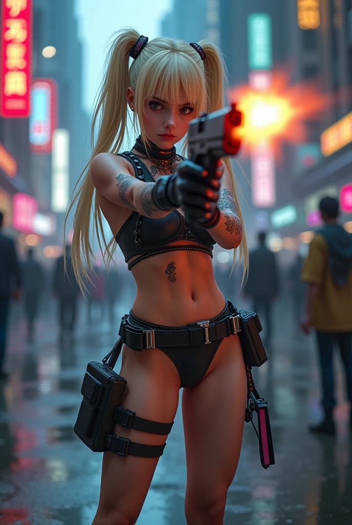 A ruined apocalyptic sci-fi city overgrown with alien plant life and strange alien monsters and animals, a busty beautiful young woman with tan skin and large bright hazel eyes with long lashes and cleopatra eyeliner, with a golden blonde hair, wearing a miniskirt and cut off tank top revealing the bottom of her breasts, round eye glasses, thigh high leather boots with stockings and a garter belt flashing a pair of silk panties, cyberpunk rifle slung over her shoulder, sci-fi backpack held on by straps across her chest, glaring at a monster in the far distance, side ponytail, Hyperrealism, masterpiece, best quality, 16k, anatomically correct, super detail, award winning, erotic poses, kneeling, bent over