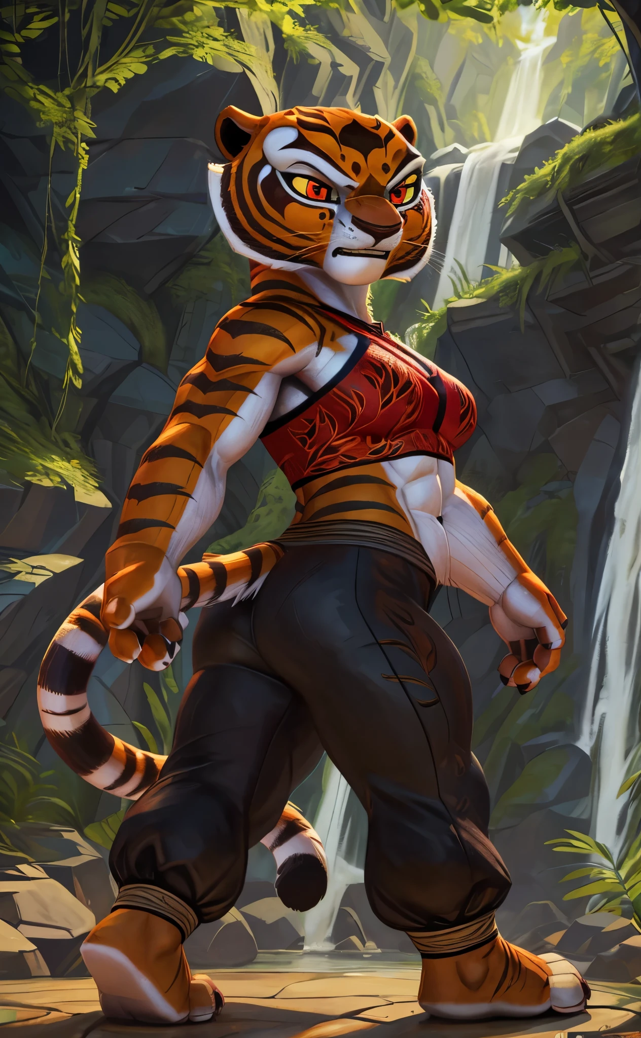 [Master Tigress], [Kung Fu Panda], [By Pixelsketcher], ((masterpiece)), ((HD)), ((high res)), ((solo portrait)), ((full body)), ((back view)), ((low angle view)), ((feet visible)), ((cartoon aesthetic)), ((beautiful rendering)), ((detailed shading)), ((intricate details)), {(athletic figure), (orange and black fur), (tiger stripes), (long tiger tail), (cute red eyes yellow sclera), (defined abs), (detailed muscles), (curvy hips), (beautiful legs), (defined feet), (angry), (annoyed expression)}, {(bandage chest binding), (cleavage), (navel), (red kung fu pants)}, {(standing), (intimidating glare), (looking back at viewer)}, [ambient lighting, waterfall, mountains]