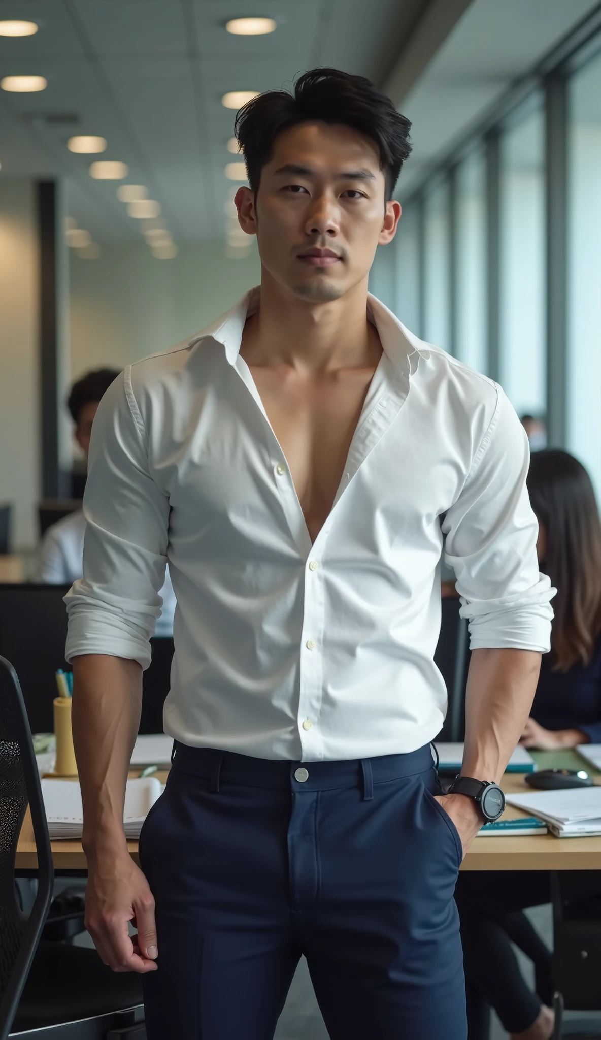 Asian man(korean,vietnamese,chinese,Japanese), 30 years old, Handsome and elegant,beardless, Wearing a transparent shirt, sexy , Masculine and handsome,musculous,Muscles look good,hairy bodies, with fair skin,, Full body photo,(ultra-detailed, photorealistic, best quality, 4k, 8k, highres, masterpiece:1.3), charming , (muscular build body), wearing tailored shiny dress shirt, with the top button casually undone, perfectly fitted charcoal trousers, sweat, unbutton buttons shirt, lewd face ,tight chest, sex, erotic, horny, Accessories include a luxury wristwatch in the Classroom,looking at viewer,muscle veins, sexy posing,lying on your back in classroom,top view,surrounded by boys