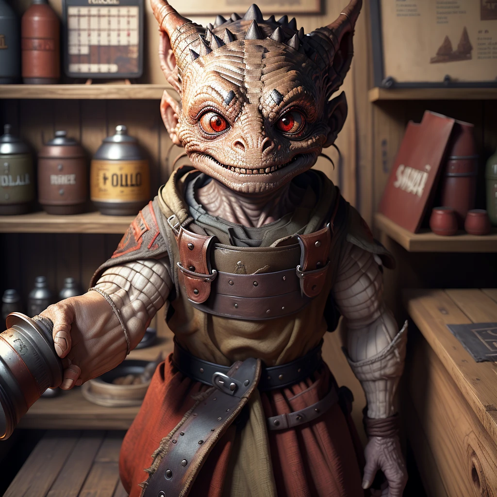 (kobold), solo, (full body:0.6), looking at viewer, detailed background, detailed face, (fallout theme:1.1) smile, server, simple red clothes,   rustic 2.0::tavern interior in background,  rust,   counter, flagon, oil lamps, low light,  fantasy atmosphere,
(masterpiece, best quality, high quality, highres, ultra-detailed) (Masculine:1.4), attractive, handsome, calendar pose, perfectly detailed eyes, realism, photorealistic, hyperrealism, professional photography, uhd, dslr, hdr,  