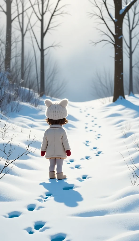  snowy fields 、Footpath、(((Fox footprints 、非常に正確なFox footprints :1.37)))、女の子かFox footprints を眺める、 cute girl、Knitted hat、Mittens、Footprints of girls 