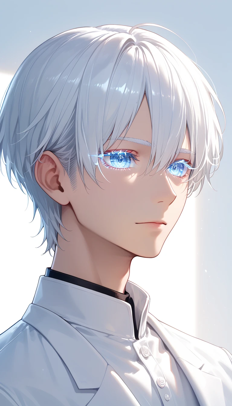 1 boy, white Hair, short hair, ((white technological eyes)), white eyebrows and eyelashes, Delicate eyes, Solitary focus, Simple background, Male focus, Solitary, permanent, Cheng Zhenyu, portrait,, (masterpiece:1.0), (best quality:1.0), (8k wallpaper:1.0), (Beautiful and delicate face:1.0), (detailed Deep eyes),  Deep eyes,Looking at the audience,